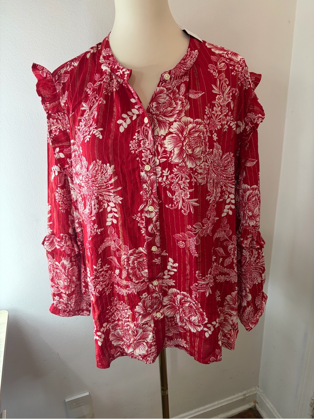 Style & Co. NWT Red Floral Ruffle-Trim Button-Down Shirt